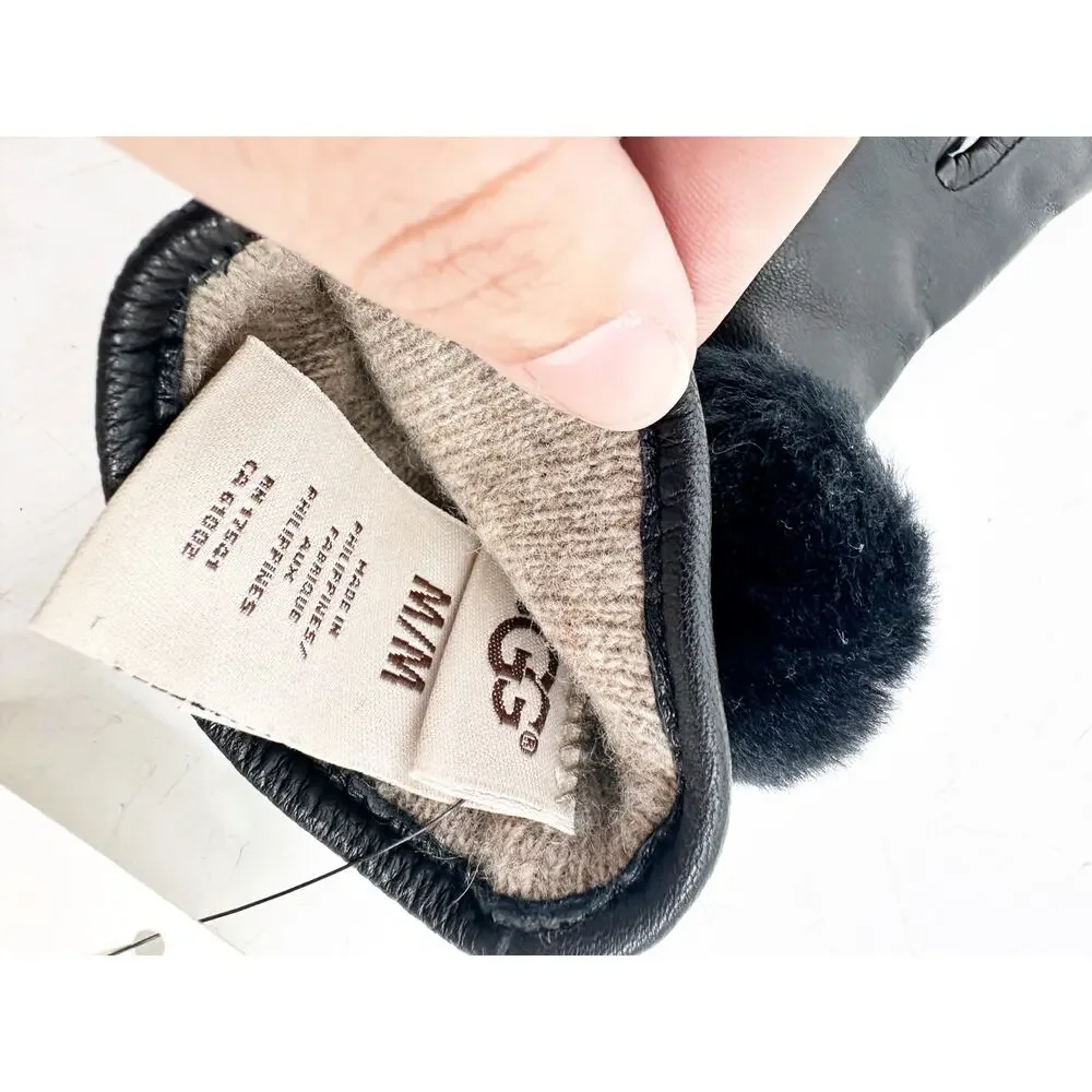 UGG‎ Women's Leather Pom Glove in Black Size Medium NEW